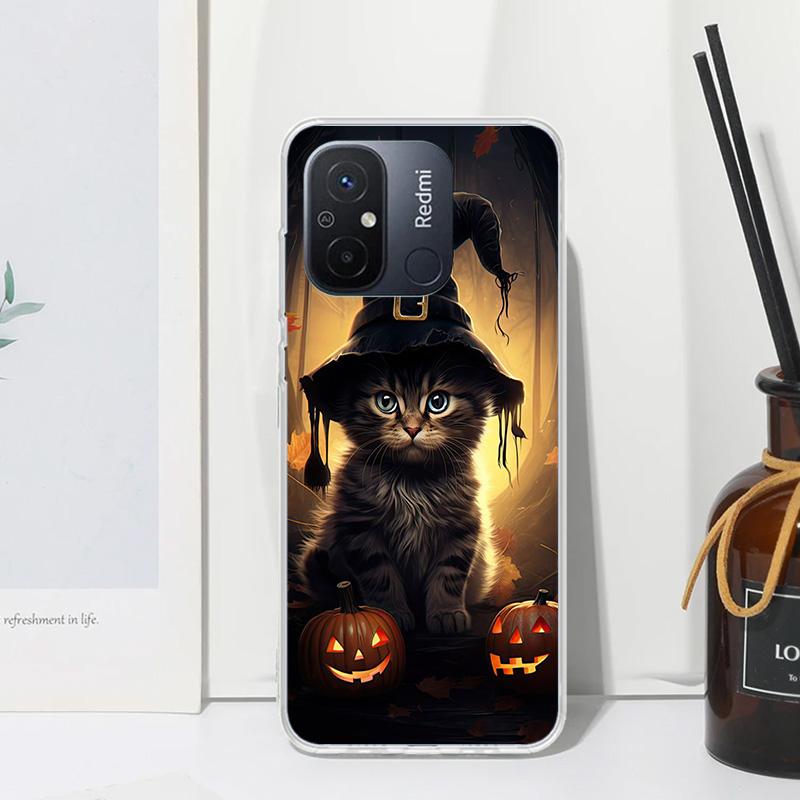 Black Kitten Halloween Pumpkin Phone Case For Xiaomi Redmi 12C 12 10C 10A 10 9C 9A 9T 9 8A 8 7A 7 6A 6 Pro K70 K40 K20 Fundas Ba