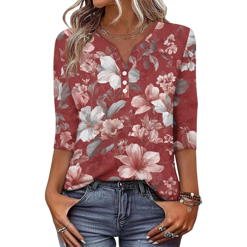 Women's Fashionable Casual Retro Floral Print V-Neck Button-Down Three-Quarter Sleeve T-Shirt Top