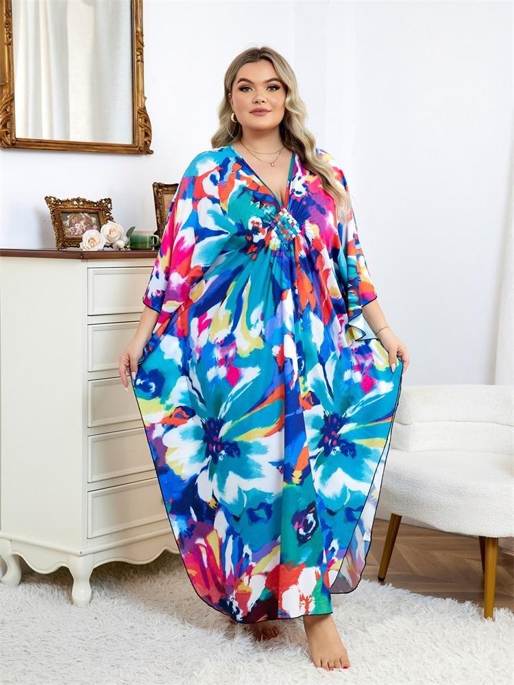 Plus Size Women Kaftan House Robe Bohemian Printing V Neck Homewear Beach Wear Bathing Suit Cover Up