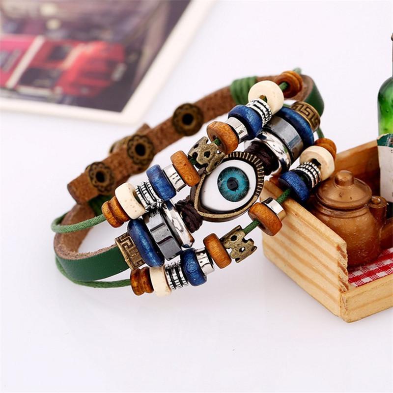 Vintage Beaded Eye Bracelets Multi-Layer Leather Rope Adjustable Bracelet Unisex Jewelry Accessries Gifts
