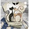 Summer Round Neck 3D Retro Cat Pattern Print Top Fashionable Casual Short Sleeved Women's T-shirts
