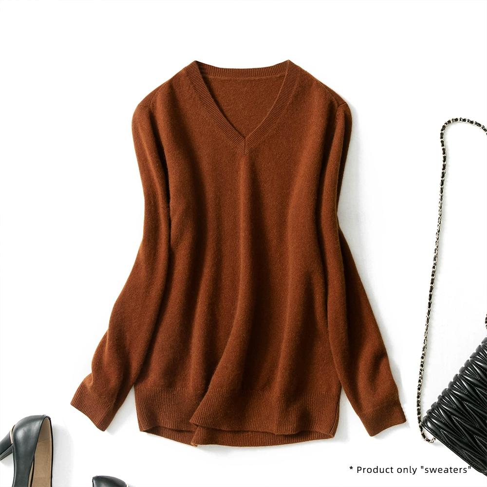 Women's V-neck Cashmere Sweater Warm Long Sleeved Sweater Solid Color