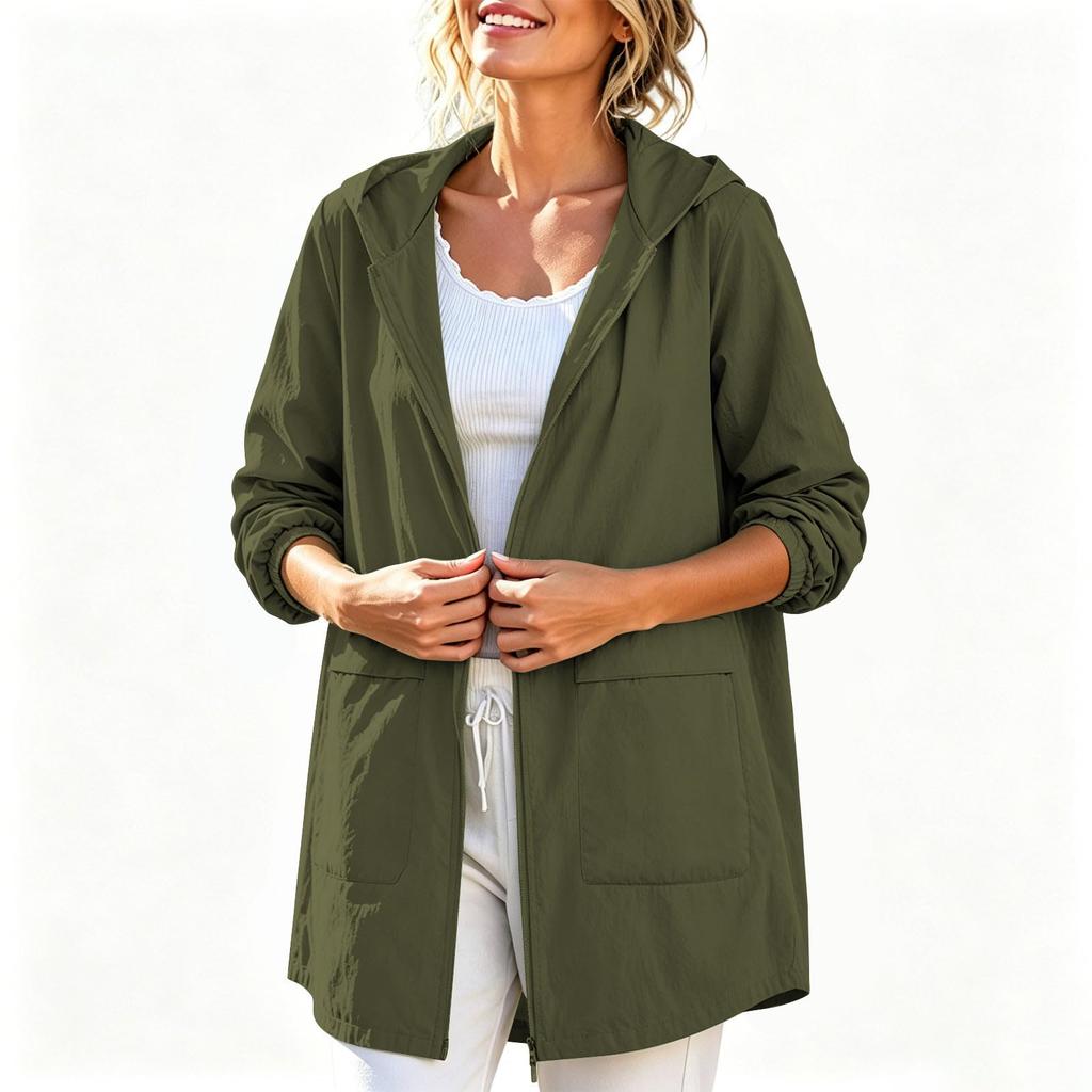 Women's Waterproof Windproof Hooded Jacket Lightweight Zip Front Outdoor Raincoat Casual Long Sleeve Windbreaker