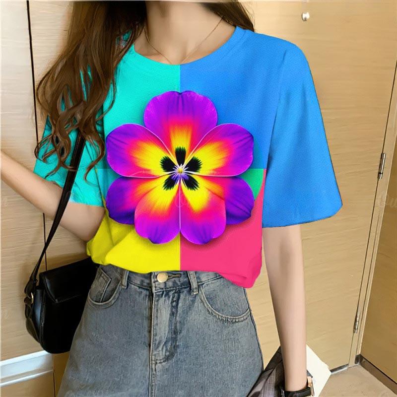 Summer Round Neck 3D Colorful Flowers Pattern Print Top Fashionable Casual Short Sleeved Women's T-shirts