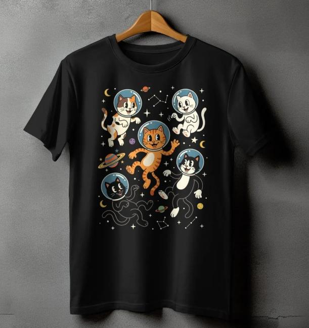 

Funny Space Cats Astronaut T Shirt Retro Cat Galaxy Design Versatile Shortsleeved Tee Kawaii Casual Top for WomenGirls Unisex S