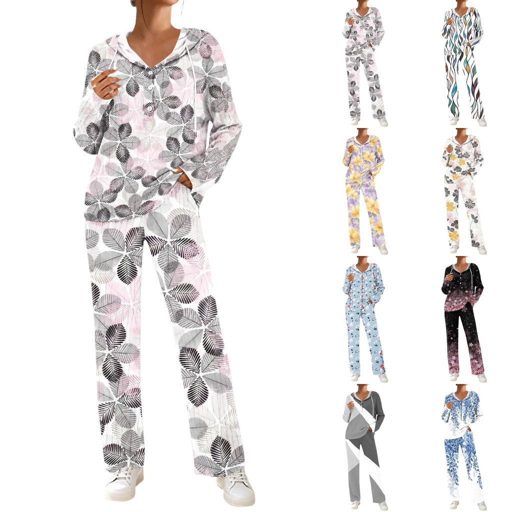 Women's V-Neck Printed Long Sleeve Hoodie Loungewear Set with Pockets - Loose Fit 2 Piece Casual Sleepwear Pajama Set for Home
