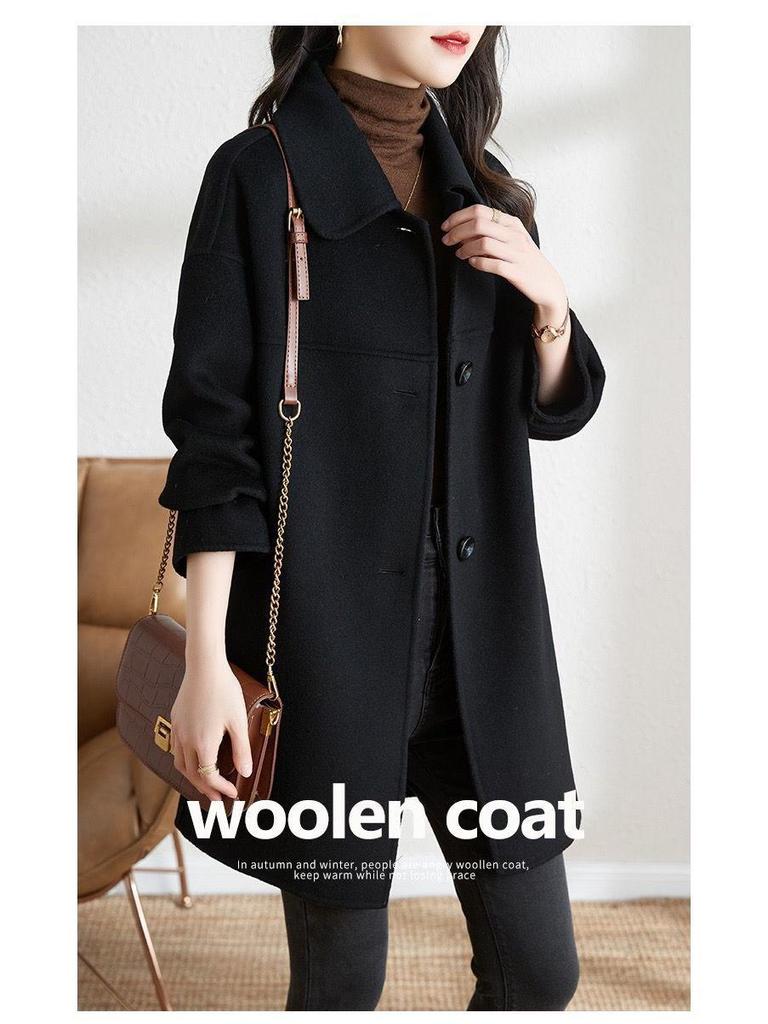 2025 Women's Plus Size Wool Blend Mid-Length Coat with Peter Pan Collar - Korean Fashion for Autumn/Winter