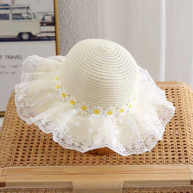 Chapeau de Paille d'Été pour Bébé Fille Couleur Unie Dentelle Volant Chapeau de Pêcheur pour Enfants Casquettes de Plage d'Extérieur Pare-soleil Chapeaux Bob à Large Bord