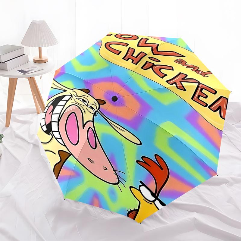 

Cow and Chicken Automatic Opening/Closing Umbrella with Tie Dye Pattern Portable 3 Fold Design,8 Bone Iron Frame Outdoor Umbrella for Fes