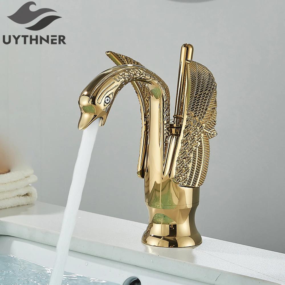 Uythner Luxury Swan Bath Basin Brass Faucet Cold and Hot Water Mixer Taps Black /Gold/Antique Bathroom Washbasin Crane