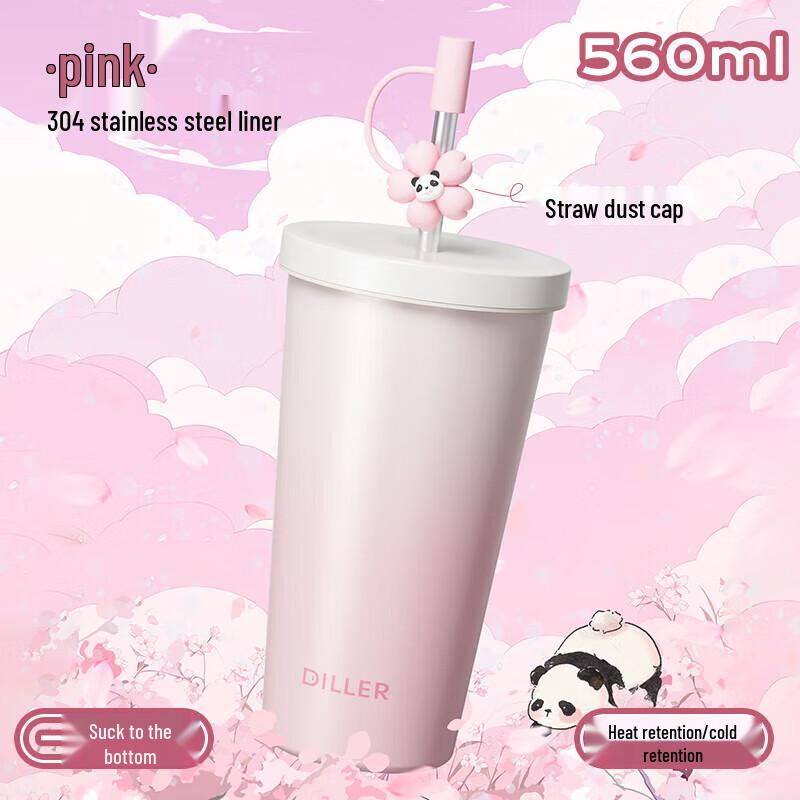Diller Cherry Blossom Panda Insulated Straw Cup 560ml