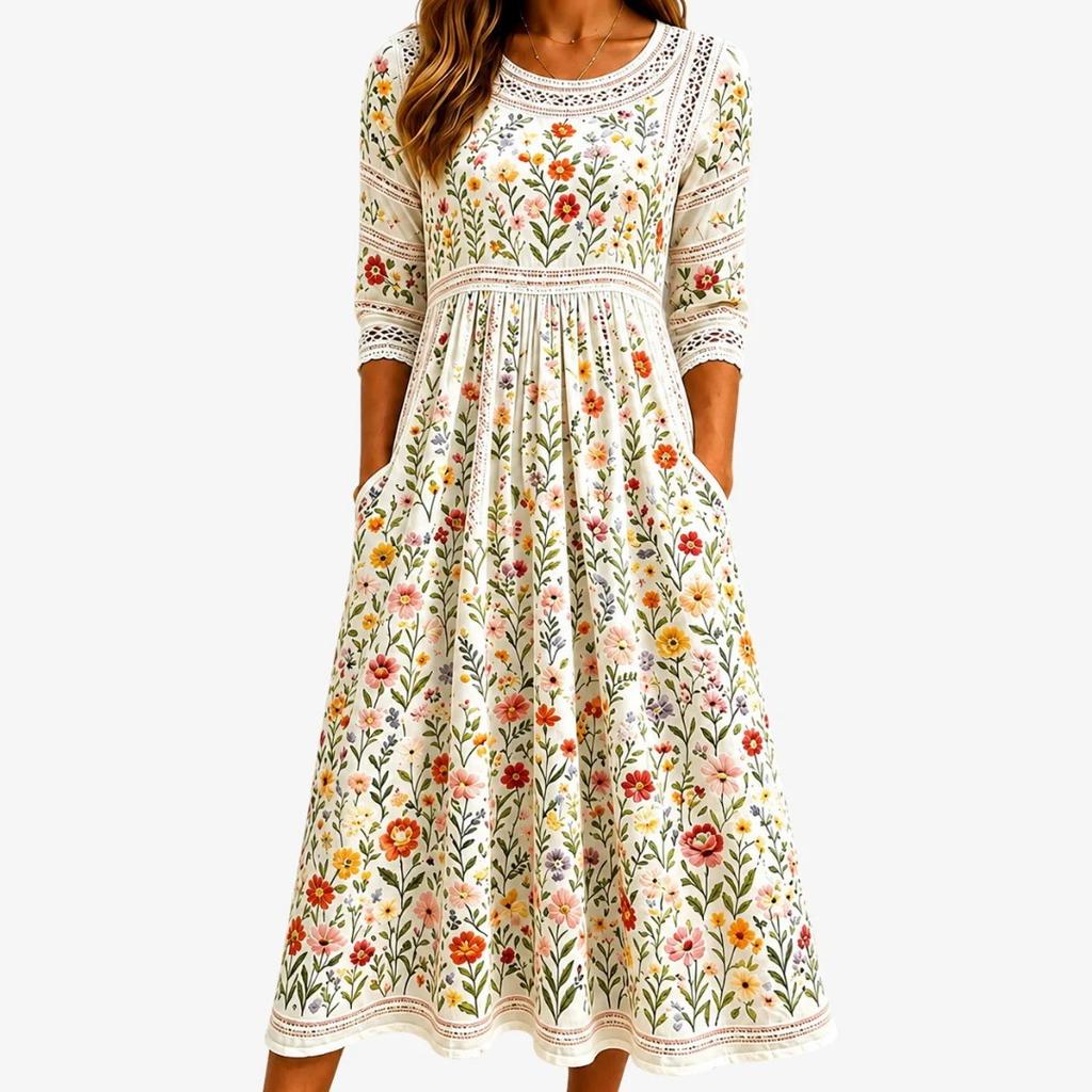 Spring and Summer 2026 New Round Neck 7-point Sleeve Casual Loose Long Printed Dress - Bamboo Hemp