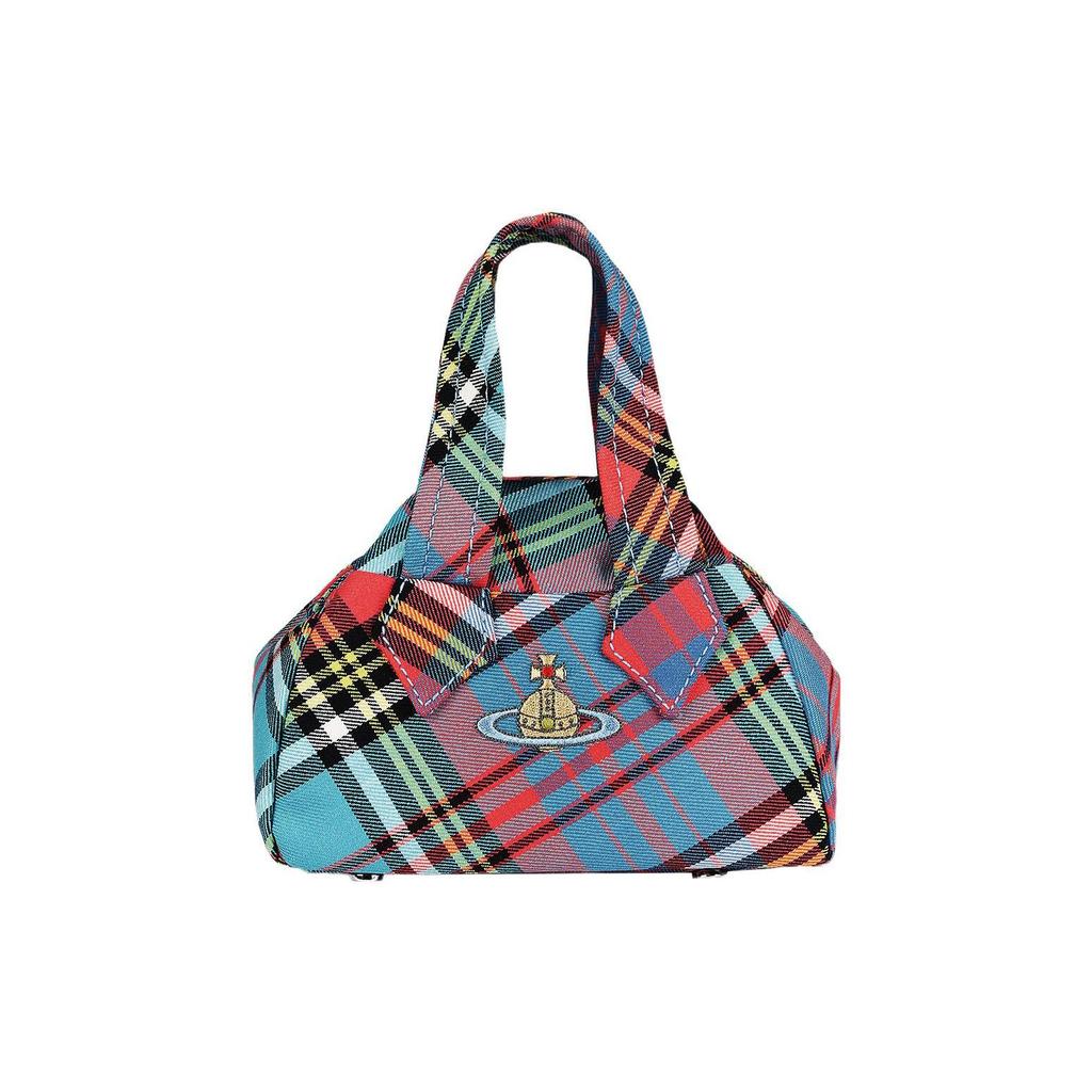 Vivienne Westwood Detachable Adjustable Chain Shoulder Strap Saturn Logo Bowling Bag Embroidered Plaid Wool Mini Handbag 4201008EW00H6G201