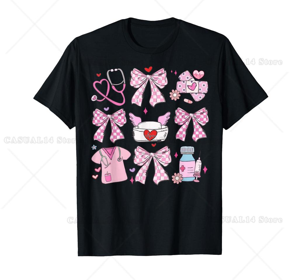 Retro Pink Coquette Bow Nurse Stethoscope Valentine's Day T-Shirt