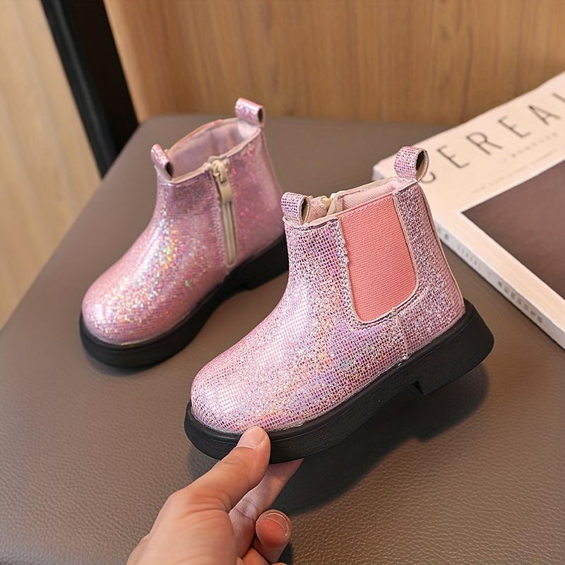 Youngsters Sparkly Geometric Glitter Ankle Boots Side Zipper Cute Platform Mid Calf Round Toe Rubber Sole All Season Purple Pink