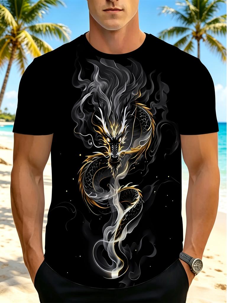 Men's Digital Print Crew Neck T-Shirt, Men's Fashion T-Shirt, Men's Dragon Pattern Premium T-Shirt. Suitable for Restaurant Wear; Black Fabric,