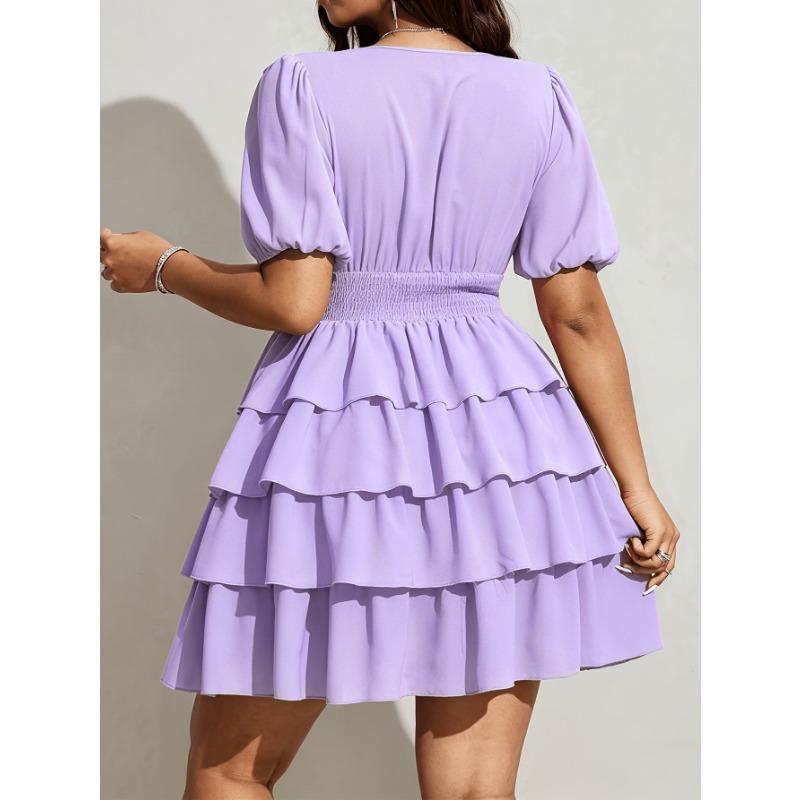 Vestido de tarta corto de color liso, manga corta, cuello en V sexy para mujer de talla grande