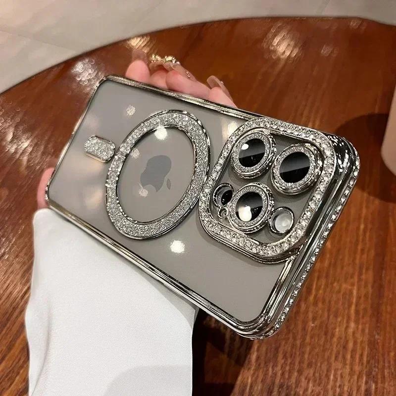 Clear Bling Crystal Phone Case For iPhone 16 15 14 11 12 13 Pro Max Plus For Magsafe Magnetic Wireless Charging Lens Film Cover