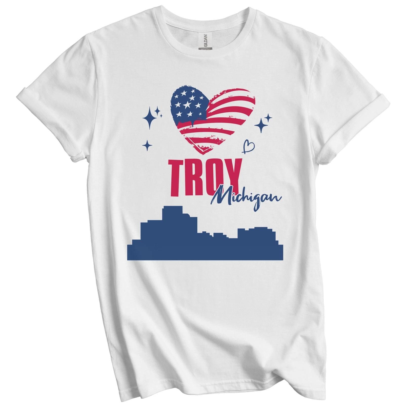 Troy Michigan Skyline American Flag Heart 4th of July T-Shirt L