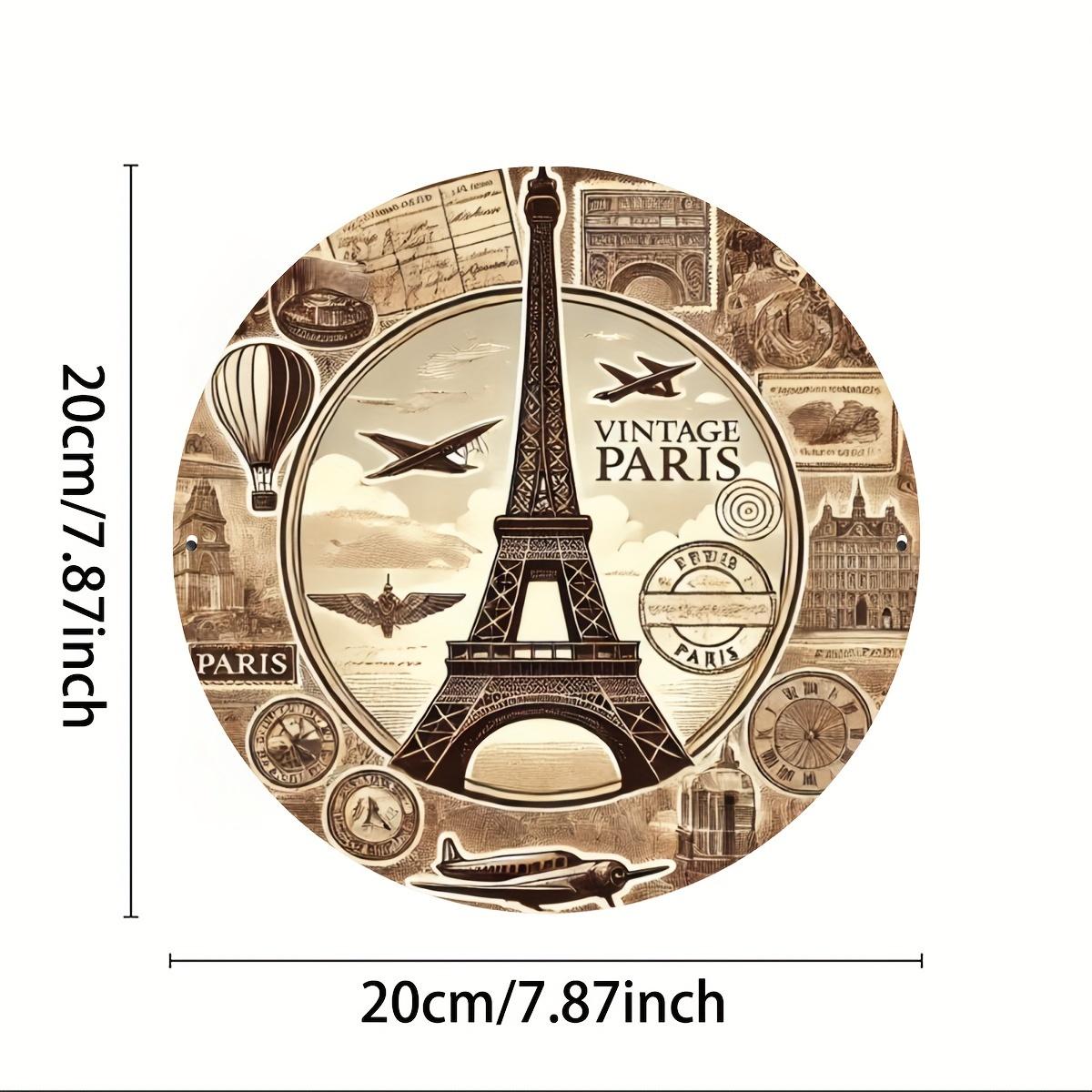 pc Vintage Paris Eiffel Tower Round Metal Tin Sign Retro Wall Art Decorative Plaque with Iconic Paris Landmarks 20x20cm(8x8inch)
