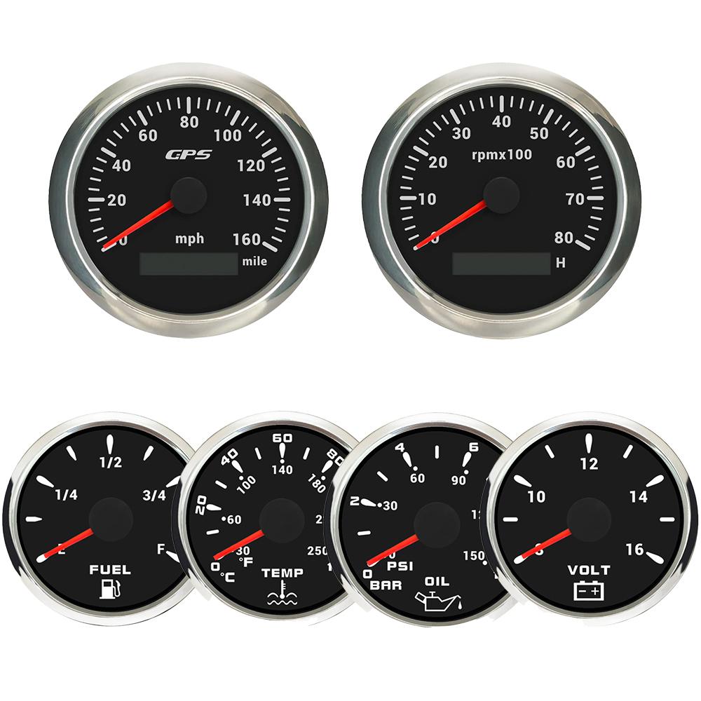 ELING 6 Gauge Set 85mm 200km/h 160MPH GPS Speedometer Tachometer 52mm 0-120℃ Water Temp Oil Pressure Fuel Level Voltmeter 12V