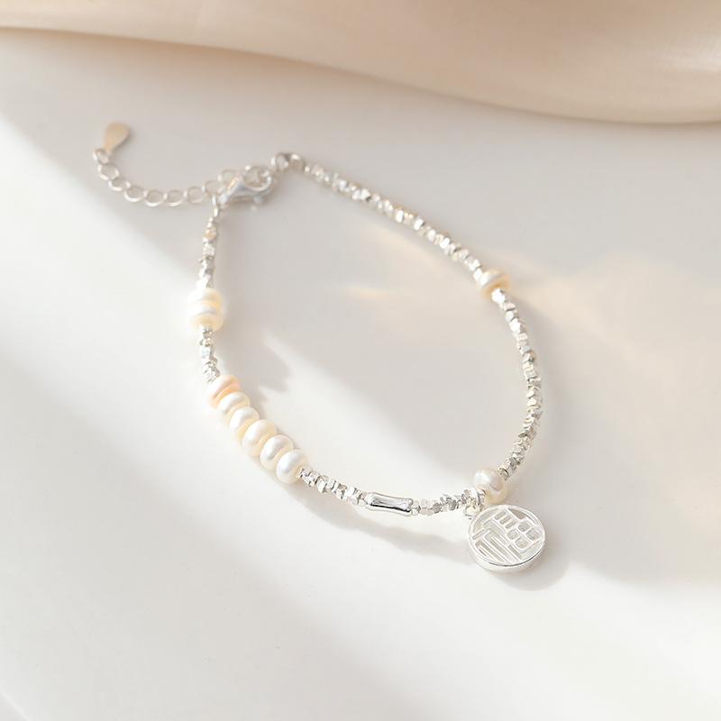 Fu Zi Brand Broken Silver Pearl Bracelet for Women 925 Pure Silver New Chinese New Year's Peace Bracelet with Chinese Style Handicraft