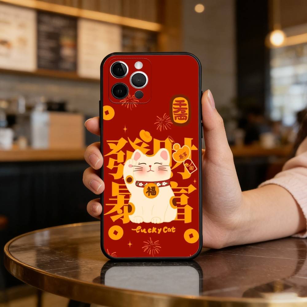 C-Cartoon Lucky Cat Soft Silicone Black Cover,Phone Case For iPhone 17,16,15,14,13,12,11 Plus,Pro Max,XS