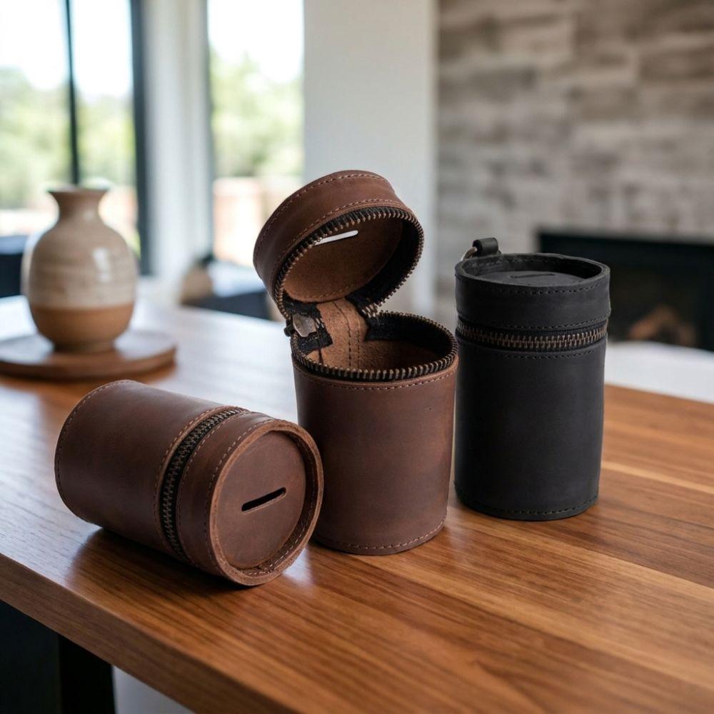 PU Leather Coin Storage Bank Handmade Cylindrical Key Storage Pouch with Clip Portable Money Clip For Car Cup Holder
