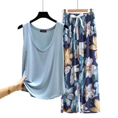 Modal Loose Pajamas Sets U-Neck Top and Floral Wide Leg Pants Women's Casual Homewear Suit Plus Size Outwear