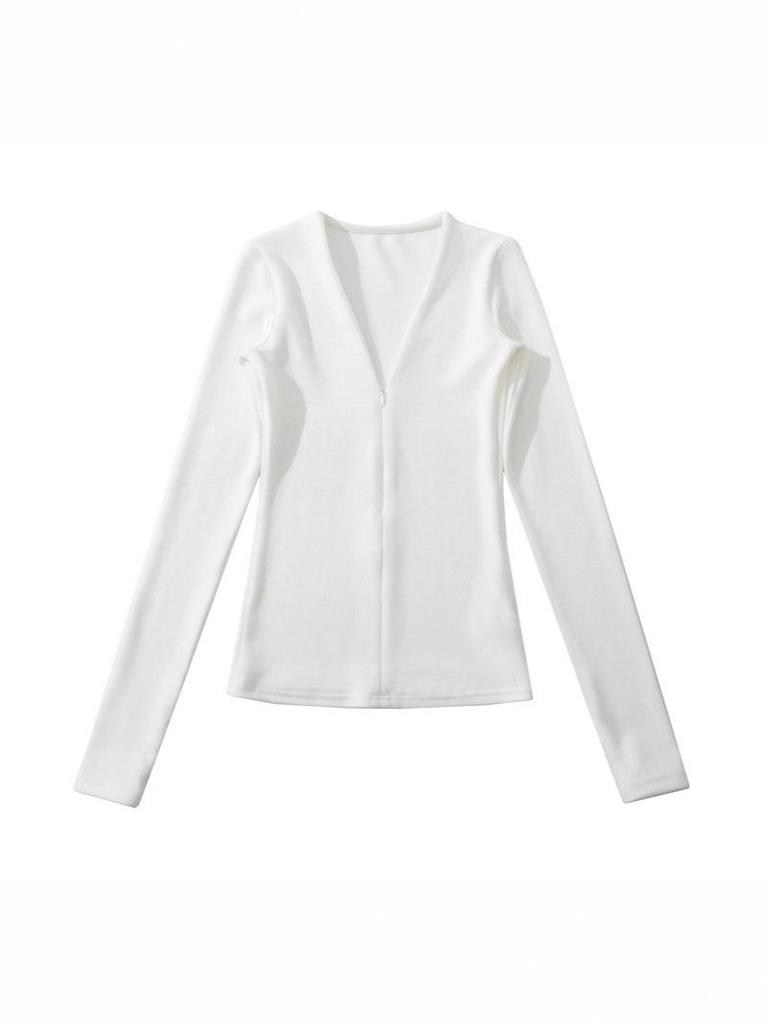 Chic French V-Neck Zipper Long Sleeve Slim Fit T-Shirt for Women, Autumn/Winter High-End Style.
