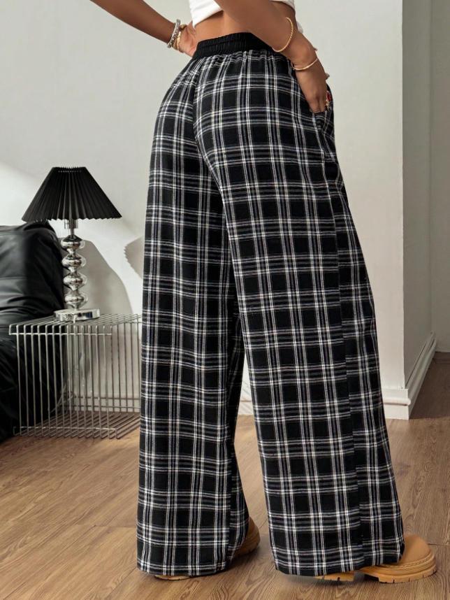Retro Karo Bodenlange Weitbeinige Hose: Elastischer Bund, Vielseitig, Bequem, Gerades Bein, Lässiger Stil