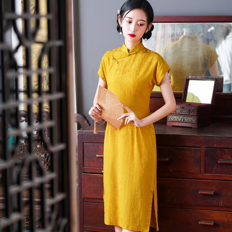 2022 Blue Waist-Slimming Retro Chinese Raglan Sleeve Tencel Cotton Cheongsam