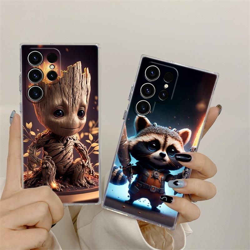 Cute Marvel Baby Groot Rocket Transparent Case For Samsung Galaxy S26 S25 Ultra S24 S22 S26 Plus S20 S23 S21 S25 FE Clear Cover