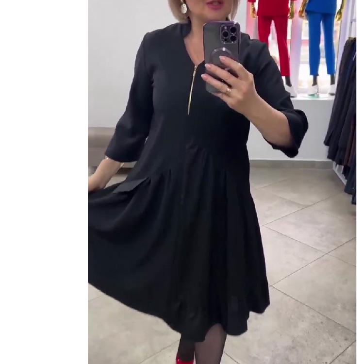 Evropské a americké dámské jednobarevné šaty slim-fit se stojáčkem a zipem s dlouhým rukávem na jaro a podzim