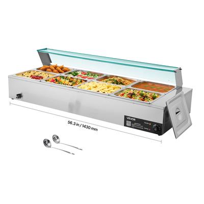 VEVOR Calentador de Comida Comercial, Calentador de Comida Eléctrico de Acero Inoxidable a Vapor de 1700W con Tapa de Cristal