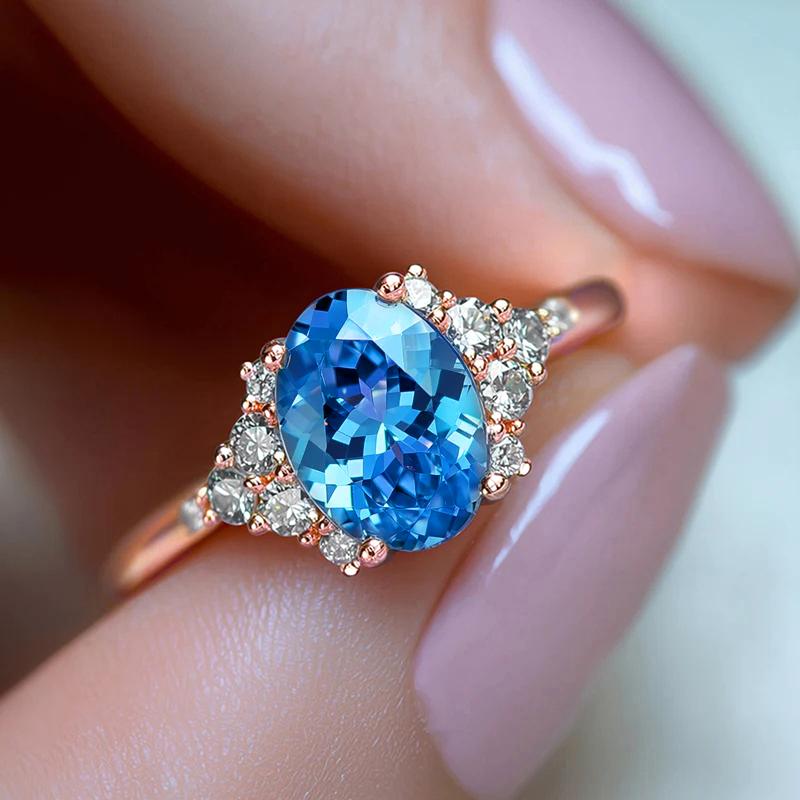 Huitan Oval Sky Blue Cubic Zirconia Rings for Women Rose Gold /Gold Luxury Trendy Wedding Accessories Female Jewelry