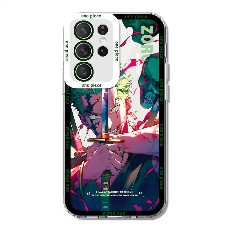 Anime Transparent Phone Case for Samsung S22, A32, M11 Featuring Luffy, Zoro, Goku, and Dragon Ball Characters.