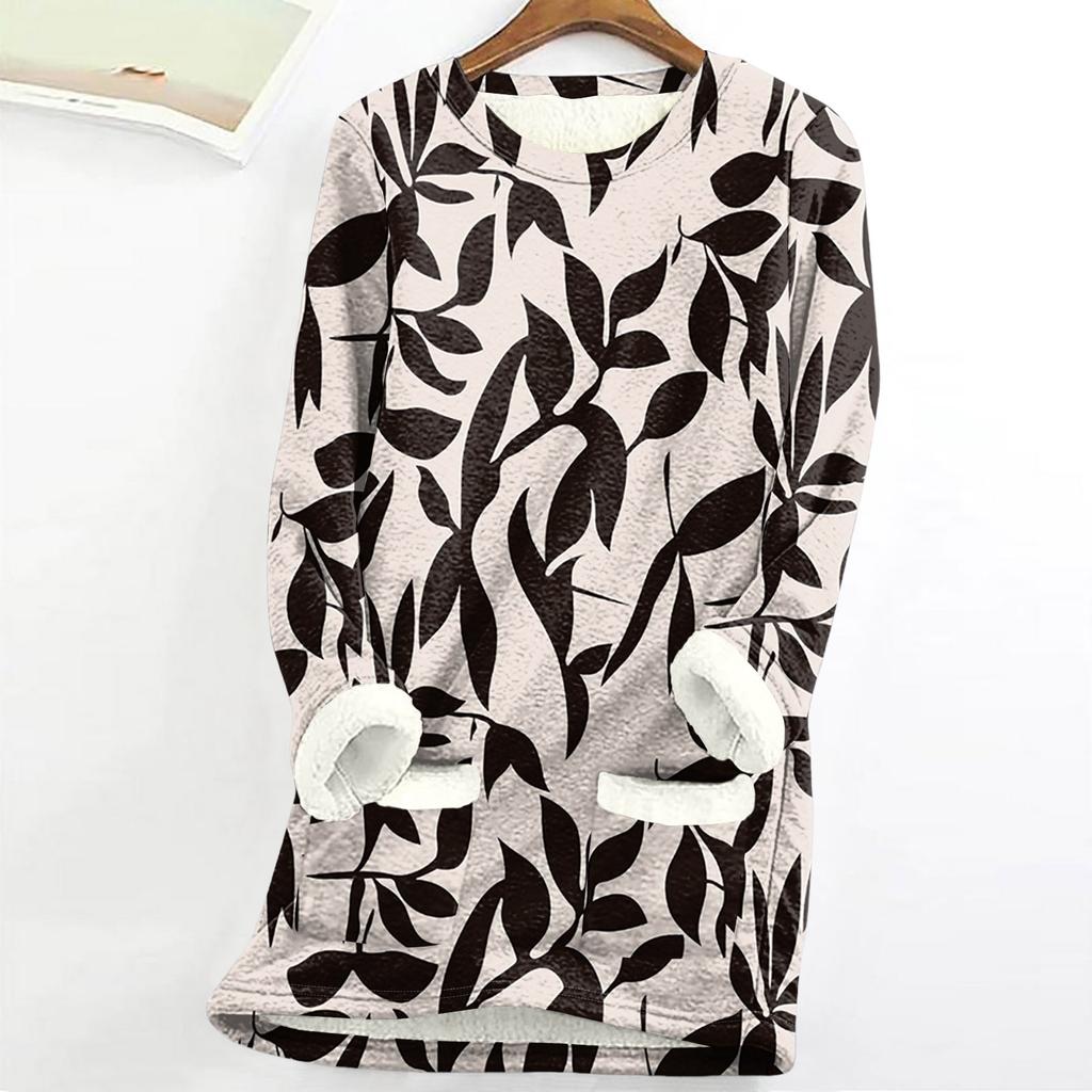 Dámský top s kulatým výstřihem s potiskem, zahuštěný plyšový kašmírový hřejivý dlouhý top