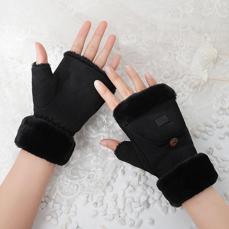 

Теплые перчатки замшевые женские студенческие осенне-зимние милые плюшевые утолщенные плюшевые откидные офисные сенсорные полупалые One size