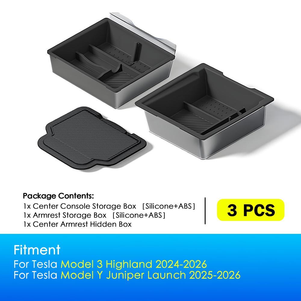 Heenvn Console Armrest Storage Box For Tesla Model Y Juniper Model 3 Highland 2024-2026 ABS Silicone Watercup Mat Accessories