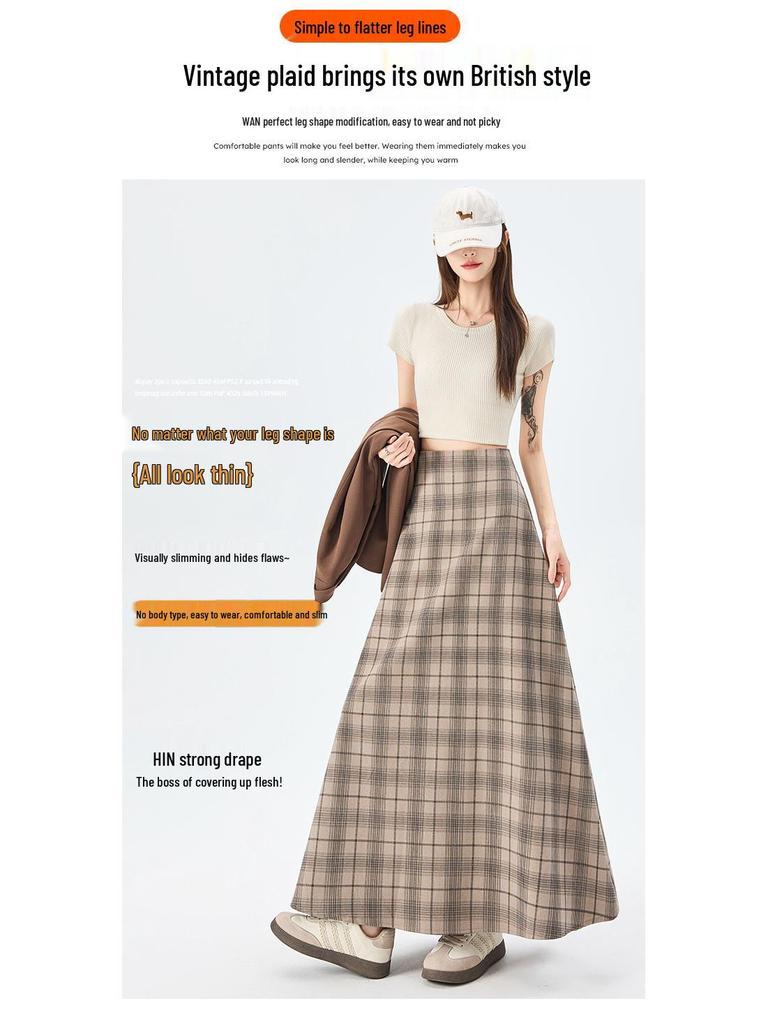 Women's 2026 Spring Retro Plaid High-Waist A-Line Skirt with Elastic Waist and Wide Hem
