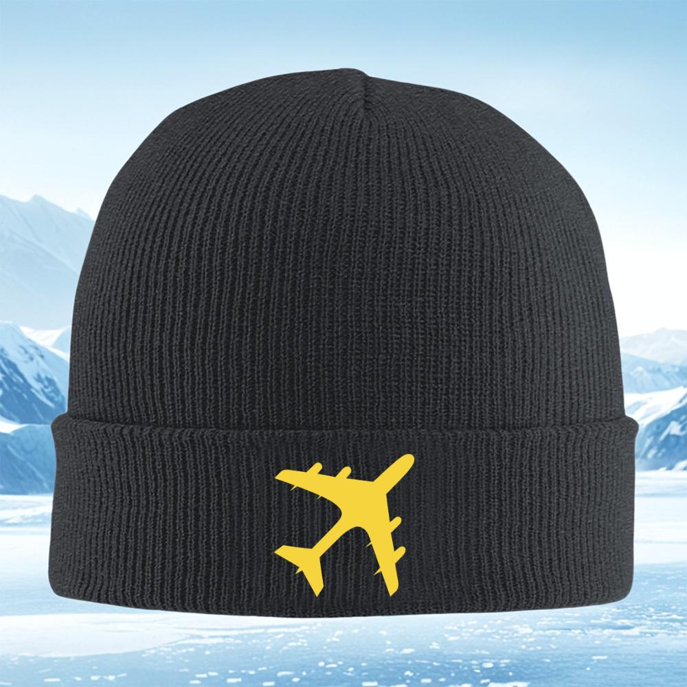 Yellow plane flying airplane graphic Men Women Unisex Knitted Hat Beanie Pullover Cap Winter Thermal Warm Christmas Outdoor Cycl