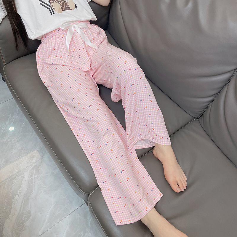 Summer Women's Cotton Rayon Ankle-Length Lounge Pants Thin Loose Fit AC Homewear with Elastic Waist