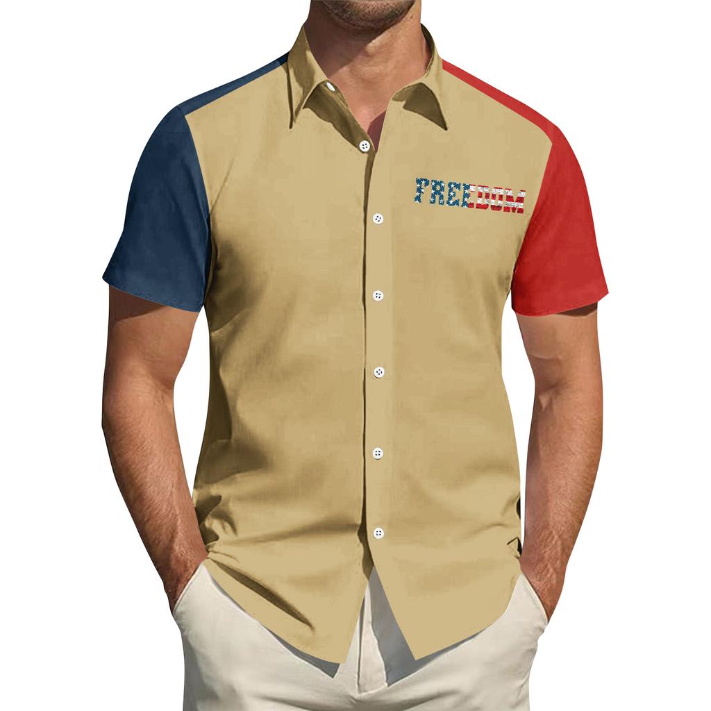 Top da Uomo Stampato per il Giorno dell'Indipendenza con Colletto Camicia Casual Sportiva a Maniche Corte da Uomo
