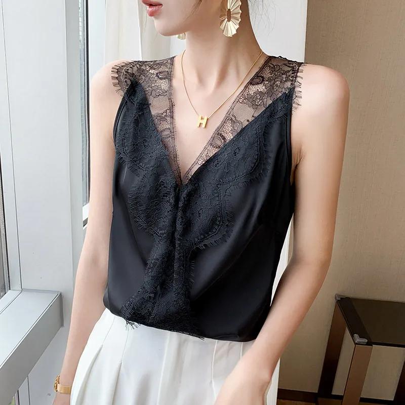 Женский атласный топ-камисоль с V-образным вырезом и кружевом, элегантный, облегающий, без рукавов M чёрный
