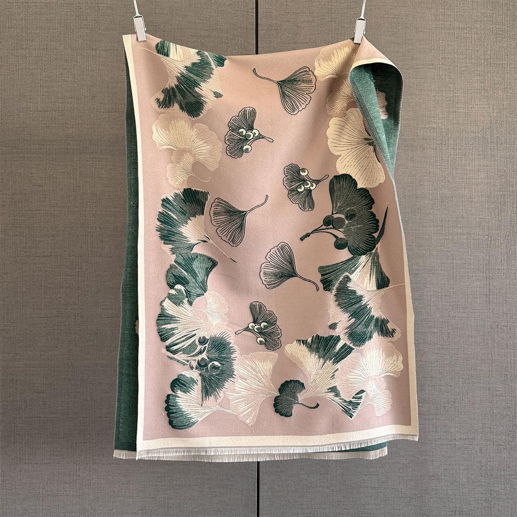 Autumn and Winter New Ginkgo Biloba Jacquard Imitation Cashmere Scarf Women's Thickened Warm Neck Protection with Dual-purpose Scarf