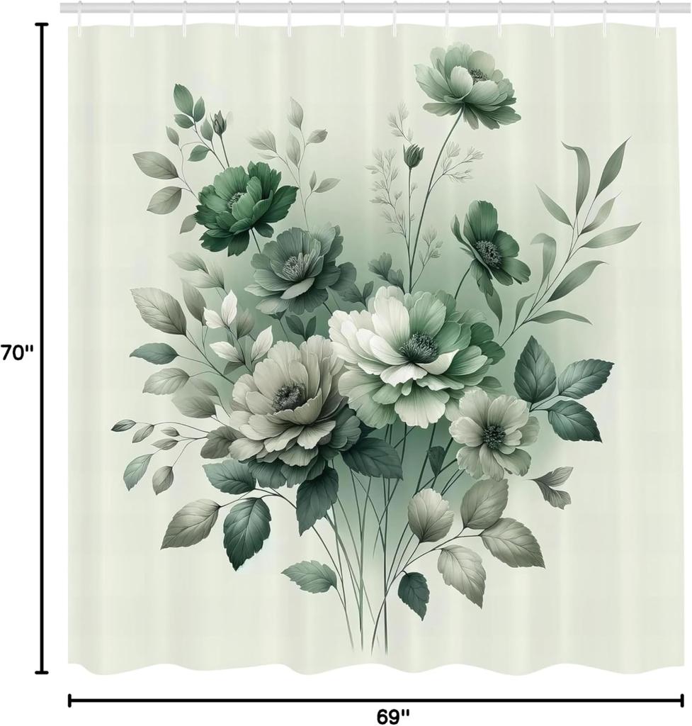 Sage Green Shower Curtain, Nostalgia Tone Tender Forest Flowers With Leaves Minimalist Urban Jungle, Cloth Fabric Bath