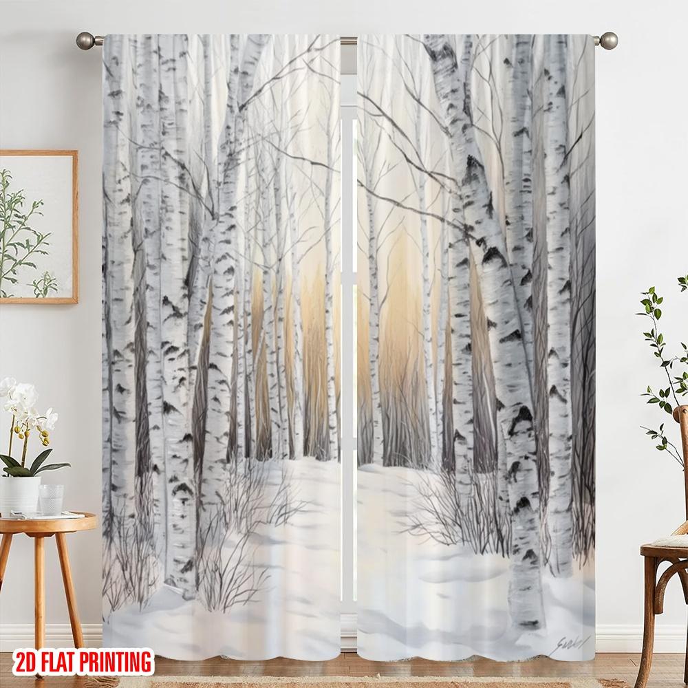 2pcs,2D plane printing Creative Curtains Winter Birchwoods Versatile Fabric (without rod) Room Decor Ldeal for Bedroom Living