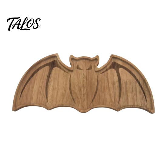 Handcrafted Wood Craft Bat-Shaped Wooden Serving Tray, Halloween Theme Snack Dessert Platter, Solid Trinket Dish Decorative Storage Plate for Jewelry