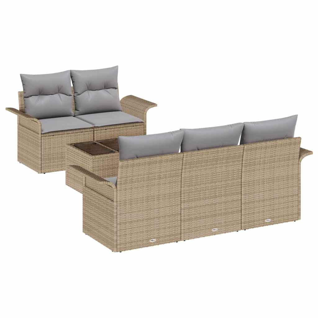 6 Piece Beige Poly Rattan Sofa Set with Cushions